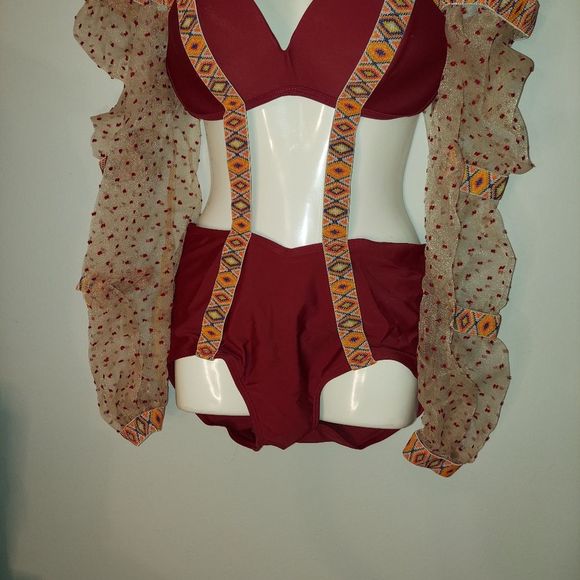 Red Wine Unique Long-Sleeve Paneled Swimsuit - Picture 7 of 13